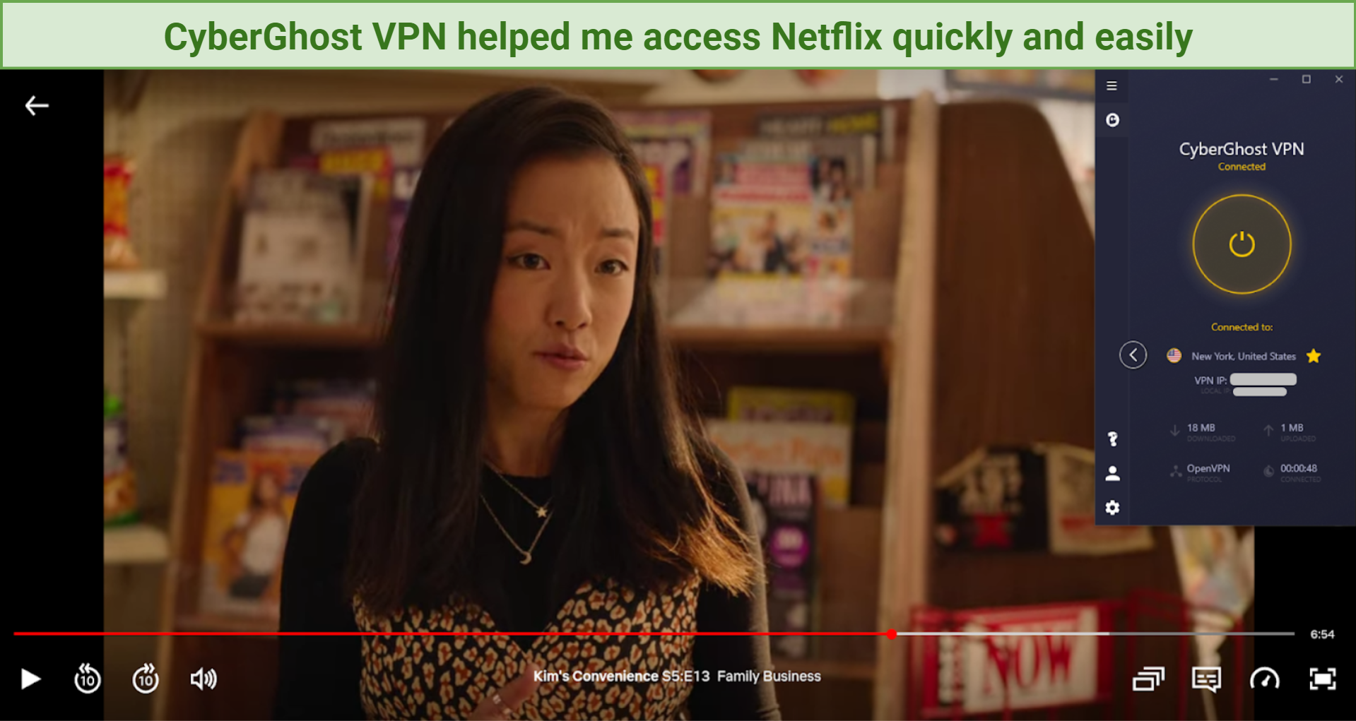 Screenshot of Netflix player streaming Kim's Convenience unblocked with CyberGhost