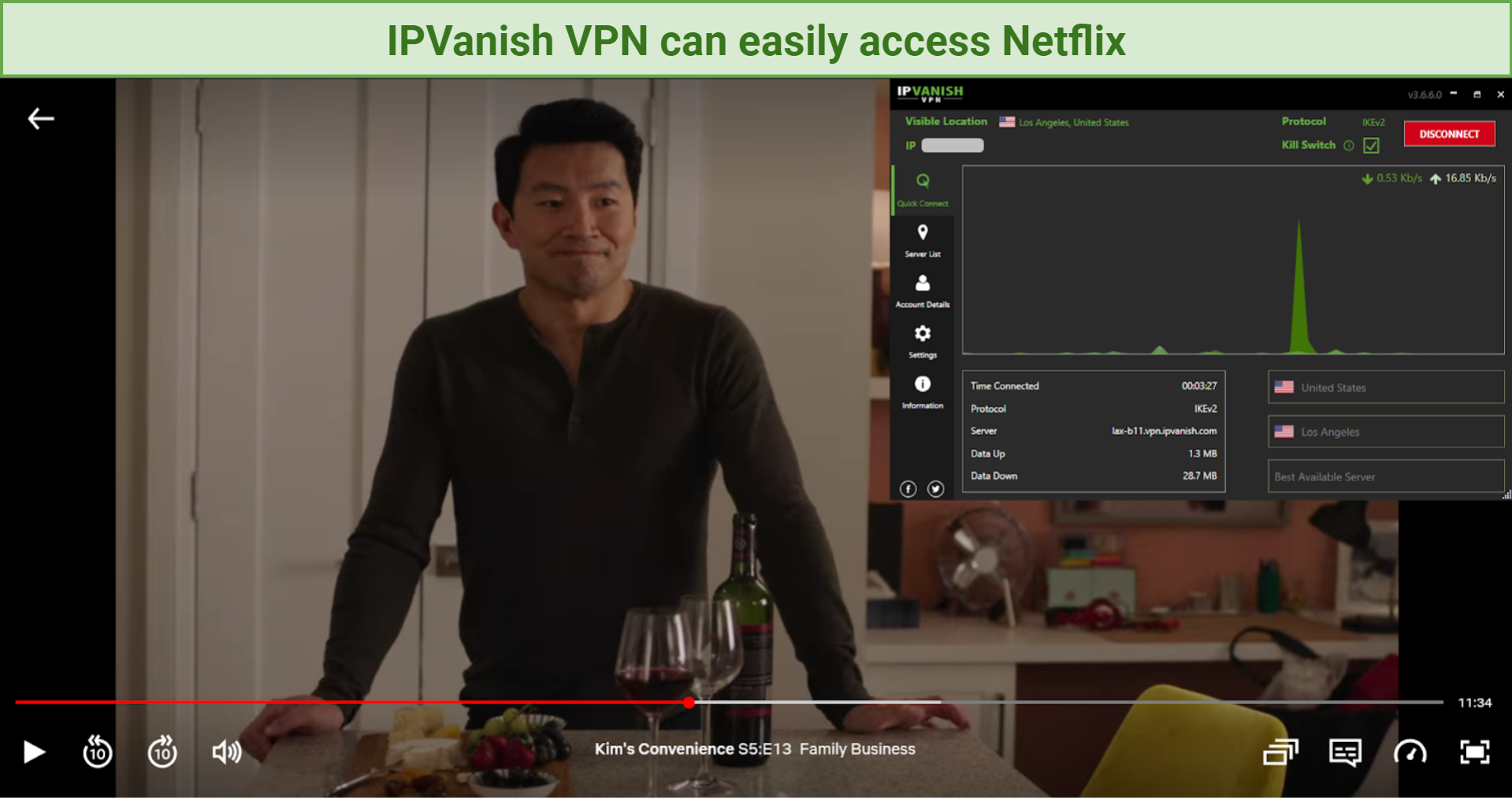 Screenshot of Netflix player streaming Kim's Convenience unblocked with IPVanish VPN
